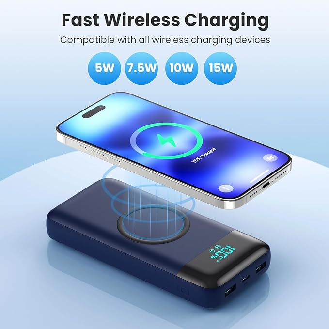 YHO Wireless Portable Charger 40800mAh for iPhone with Built-in Cables,15W Wireless Charging USB C Power Bank,25W PD Fast Charging Travel Essential Battery Pack for iPhone 17/16/15/14-Dark Blue