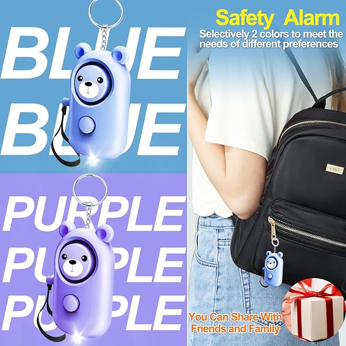 Personal Alarm Safe Sound for Women Kids Elders, 2 Pack Cute 130dB Loud Siren Safety Self-Defense with LED Light, Security Keychain Emergency Alert Alone (Blue+Purple)