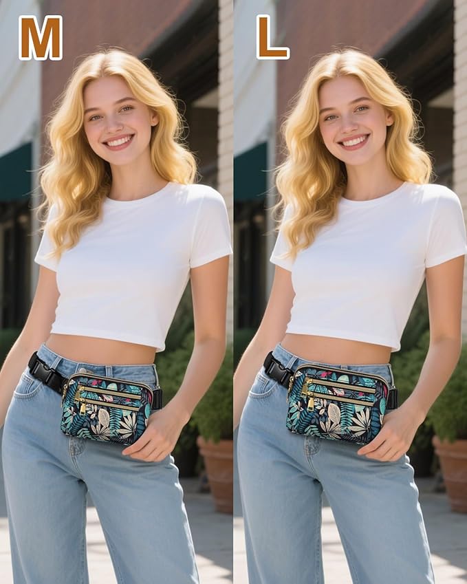 Capolo Fanny Packs for Women Fashion Waist Packs Bag with Adjustable Strap and 4 Zipper Pockets Waterproof Everywhere Crossbody Belt Bag for Workout Running Travelling(Blue Leaves)