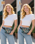 Capolo Fanny Packs for Women Fashion Waist Packs Bag with Adjustable Strap and 4 Zipper Pockets Waterproof Everywhere Crossbody Belt Bag for Workout Running Travelling(Blue Leaves, Large)