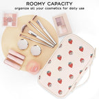 Relavel Makeup Bag, Small Makeup Bag for Women, Travel Cosmetic Bag, 2 Layers Waterproof Makeup Organizer Storage with Makeup Brush Holder, White Straberry