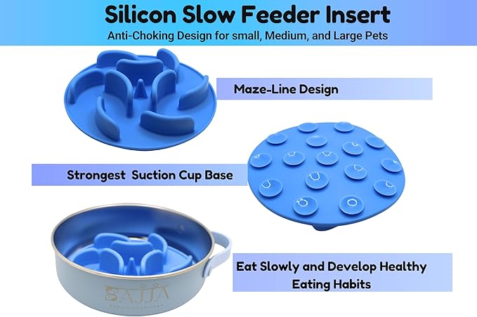 Blue Slow Feeder Travel Dog Bowl Set | 30oz Stainless Steel + 20oz Collapsible Silicone Dish | Water Bottle Holder| Non-Slip, Anti-Choking, BPA-Free | We Give Back