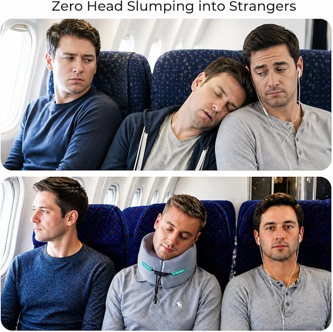 Travel Neck Pillow for Airplane: Neck Brace-Like Support 360° Chin Lock for Men in Middle Seat Sleep - Zero Head Slumping into Strangers - 8-Hour Upright Sleeping Without Neck Pain