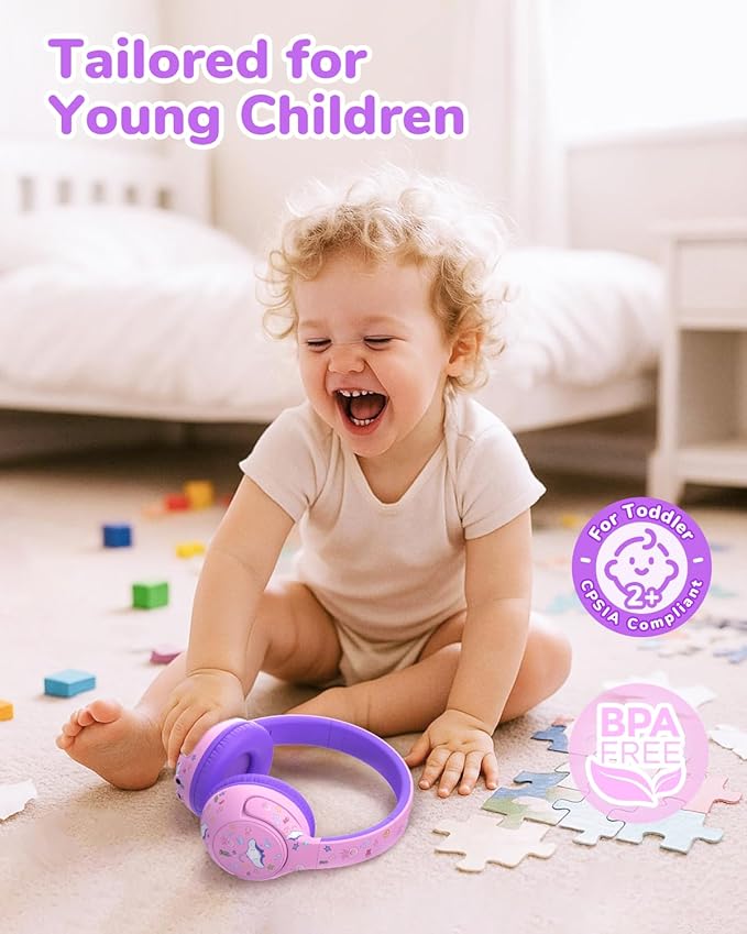 iClever BTH27 Toddler Headphones for 2+ Year Old-CPC Certified, 75/80dBA Safe Volume Limited, 74H Playtime, Bluetooth 5.4, BPA Free, Kids Bluetooth Headphones Aux Cord for Travel iPad, Purple