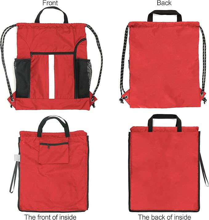 BeeGreen Red Drawstring Backpack Gymsack Bag with Shoe Compartment and Two Side Mesh Pockets Lightweight Durable Sports Cinch Sackpack 1 Pack for Women Men Workout Swim