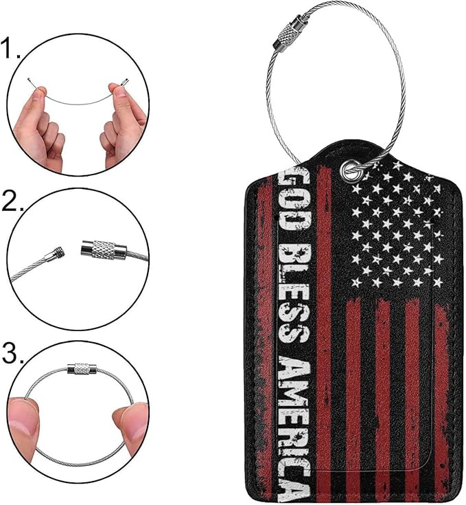 2 Pack Luggage Tags for Suitcases, PU Leather Bag Tag with Privacy Cover Address Card Travel Essentials-God Bless American