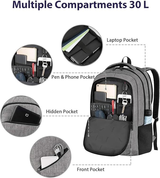 MATEIN Travel Laptop Backpack, 17 Inch Work TSA Approved Carry on Backpack, Large Computer Business Bag for Men Women with Trolley Sleeve and Anti Theft Pocket, College School Rucksack Book Bag, Grey