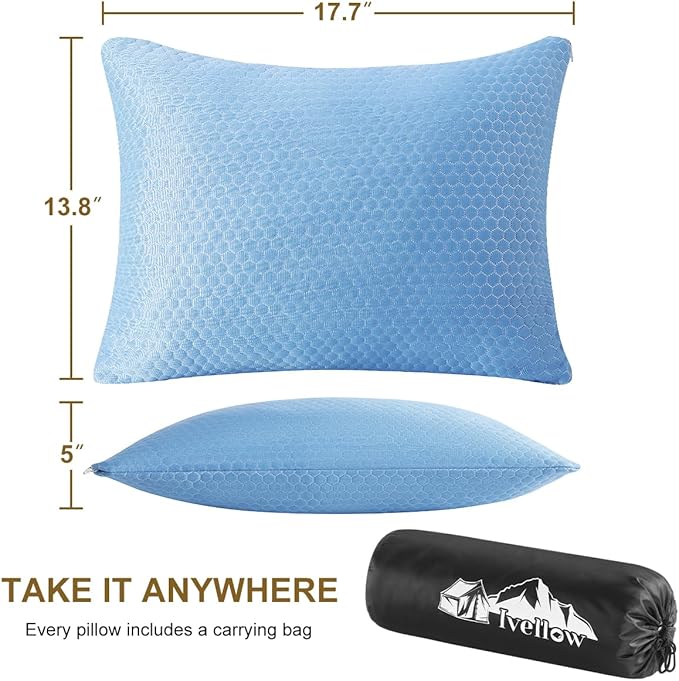 Ivellow Travel Pillow Camping Pillow for Sleeping Cooling Shredded Memory Foam Pillow Compressible Compact Medium Firm,Breathable,Ideal for Adults Kids Outdoor Backpacking Hiking Essential Gear Blue M
