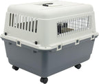 SportPet Airline Compliant MEDIUM 24.25" Travel Dog Kennel-Durable Plastic Airline Pet Carrier w/Removable Wheels & Food Bowls, Collapsible Indoor/Outdoor Dog Kennel, Dogs up to 23"L & 15"H-Cream/Gray