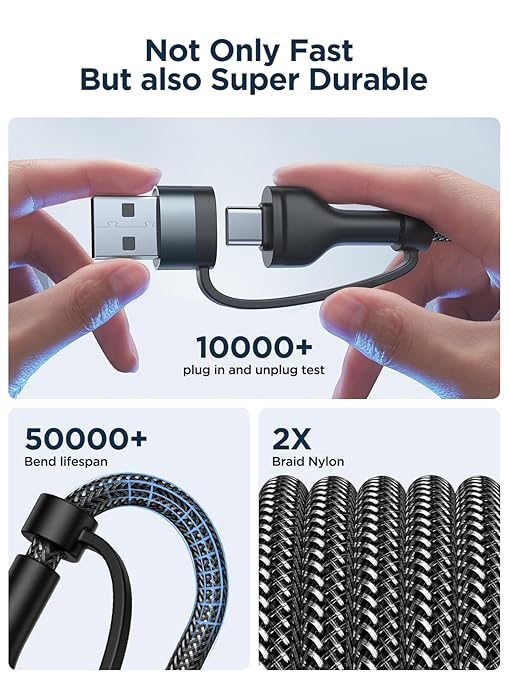 4 in 1 Charging Cable [2Pack 6.6FT] 60W Fast Charging Cord Apple MFi Certified Lightning Cable Nylon Braided Multi USB C Cable for iPhone 16/15 14 13 iPad Samsung Galaxy MacBook iPad Tablets and More