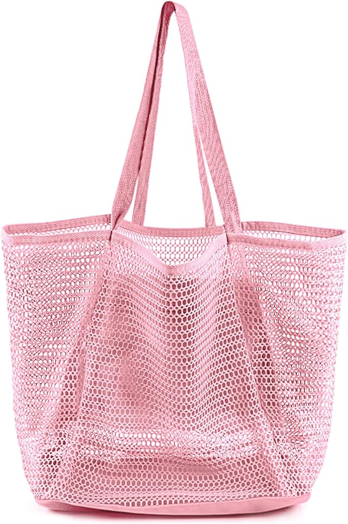 HOHOM Beach Bags for Women, Summer Travel Mesh Tote Bag with Large Inner Pocket, Sandproof Woven Shoulder Handbag