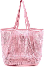 HOHOM Beach Bags for Women, Summer Travel Mesh Tote Bag with Large Inner Pocket, Sandproof Woven Shoulder Handbag