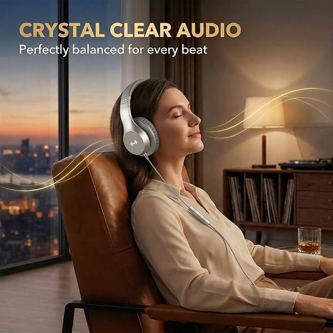Wired Headphones, Premium Over-Ear Headset with Hi-Fi Stereo Sound, Noise-Isolating Ear Cushions, Lightweight Comfortable Design, Tangle-Free Cable, Ideal for Work & Daily Commute (Silver)