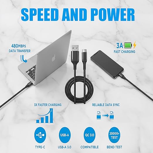 10-Pack USB Type-C Cables [6.6ft | 3A Fast Charge | Braided] – USB-A to USB-C Charger Cord, Compatible with iPhone 15/16/17, Galaxy S25/S24/S23/Z Flip Note20, Pixel 8/7/6, iPad Mini, PS5 – Value Set