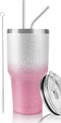 D·S 30 oz Tumbler Pink Glitter Gradient Cup Stainless Steel Double Wall Vacuum Insulated Mug with Straw and Lid, Cleaning Brush for Cold and Hot Beverages