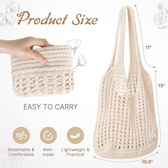 Tavaleu Crochet Tote Beach Bags for Women, Mesh Beach Tote Knit Bag, Summer Vacation Aesthetic Boho Hobo Shoulder Bag