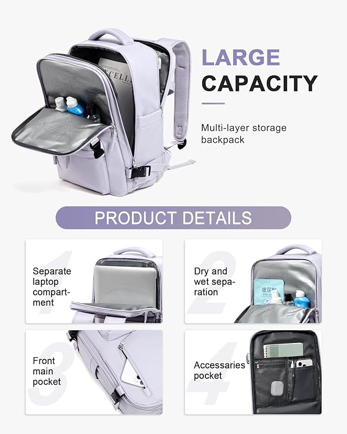 Travel Backpack Women,Carry On Backpack Flight Approved 18x14x8 inches Bag Spirit Airlines Personal ltem,College Sports Hiking Rucksack Waterproof Casual Daypack Laptop Blackpack Men Taro Purple