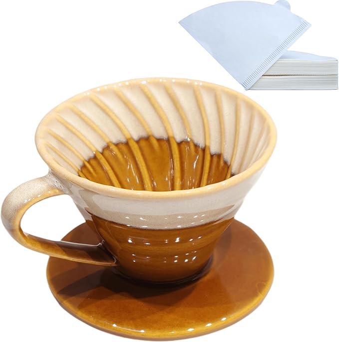 Handmade Ceramic Pour Over Coffee Dripper with 50 Pcs Coffee Filters - Portable Drip Coffee Brewer for Travel, Camping, Office or Home - Artisanal Pottery Gift for Enthusiasts