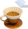 Handmade Ceramic Pour Over Coffee Dripper with 50 Pcs Coffee Filters - Portable Drip Coffee Brewer for Travel, Camping, Office or Home - Artisanal Pottery Gift for Enthusiasts