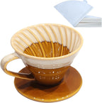 Handmade Ceramic Pour Over Coffee Dripper with 50 Pcs Coffee Filters - Portable Drip Coffee Brewer for Travel, Camping, Office or Home - Artisanal Pottery Gift for Enthusiasts