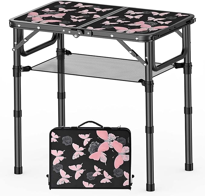 YihuiKo Small Camping Table, Vintage French Butterflies Pattern Folding Table, Adjustable Height, Lightweight & Portable Outdoor Picnic Table with Carry Handle for Patio, Living Room, Travel