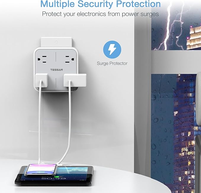 TESSAN Multi Plug Outlet Extender, Surge Protector Splitter with 4 Outlets Wall Charger, Multiple Expander for Travel, Home, College Dorm Room, Gray