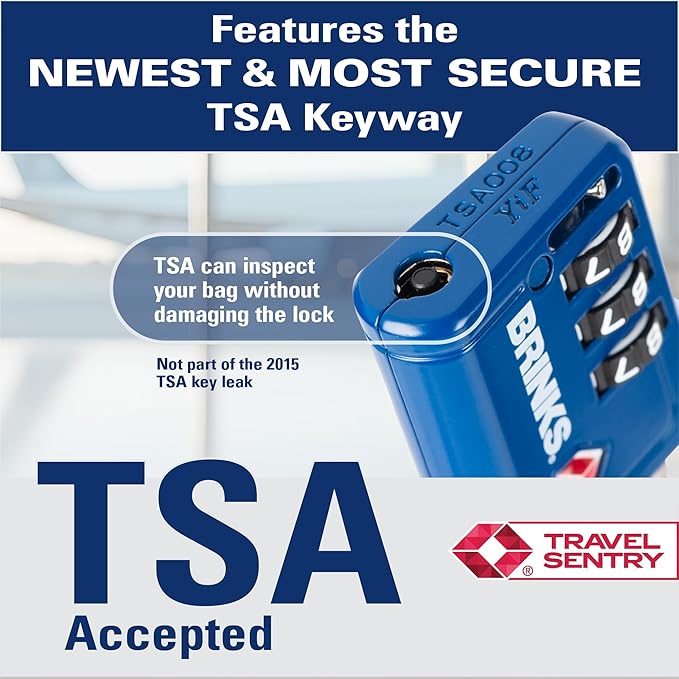 Brinks TSA Accepted Indicator Luggage Lock, Blue - Resettable 3-Dial Combination, 1.5 inch Long Cable Shackle, New More Secure TSA008 Key, 4 Pack