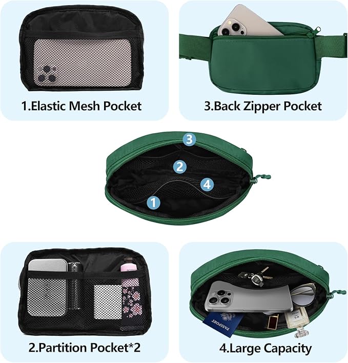Fanny Pack Crossbody Bag for Women and Men, Belt Bag for Hiking Bum Bag with Adjustable Strap,Casual Cell Phone Pouch，Waist pack for Running Workout Sports Travel Deep Green