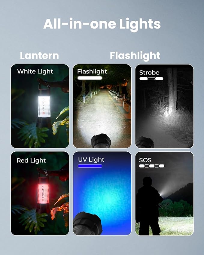 ETENWOLF 2-in-1 Lantern and Flashlight,6 Modes 1000LM Rechargeable Camping Light,5000mAh Super Bright Flashlight with UV,Waterproof Portable Tent Light for Camping,Emergency Light,Power Outage