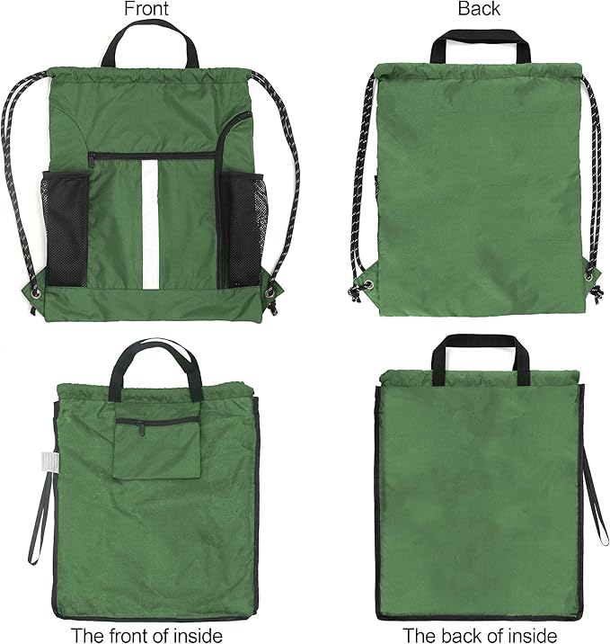 BeeGreen Green Drawstring Bag Gym Cinch Backpack w Shoe Compartment and Two Side Pockets Machine Washable Sports Sinch Sack String Sackpack for Swim Equipment Beach Travel