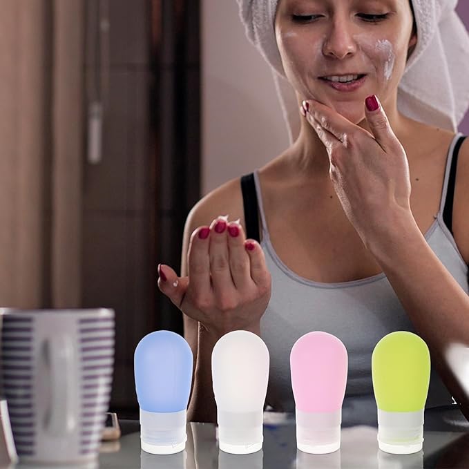 4 Pieces 60ml Travel Squeeze Bottles Set for Shampoo Conditioner Lotion, Leakproof Silicone Travel Containers in White Green Blue Pink, Portable Toiletry Bottles for Tsa Approved