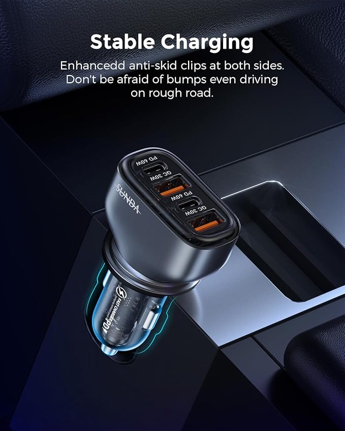 SUNDA 120W USB C Fast Car Charger, 4-Ports Car Charger Adapter, Dual Type C PD60W/PPS60W Compatible with iPhone17/16Pro/Max/iPhone15/Galaxy/SamsungS25, Dual USB-A 18W QC3.0 for Android(Gray)