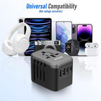 VYLEE Universal Travel Adapter, 5 in 1 International Power Adapter with 3.5A 2xUSB-A & 2xUSB-C Ports, Travel Plug Adapter Worldwide for Europe USA UK AUS Travel Essentials (Black Grey)