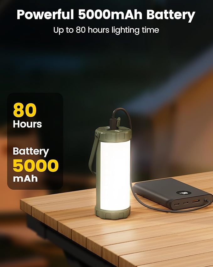Glocusent 106 LED Camping Lights, Up to 80Hrs, 5000mAh Camping Lantern Rechargeable with 5 Brightness 3 Modes & SOS, IP68 Waterproof, Max 1200LM, Lanterns for Power Outages Hiking Emergency Hurricane