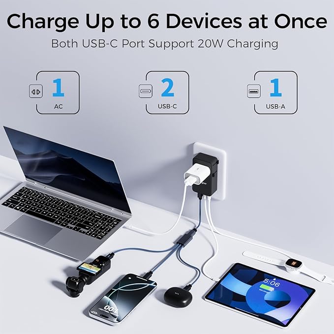 Universal Travel Adapter with 3-in-1 Charging Cable, International Power Adapter with 1 AC Outlet, 1 USB-A & 2 USB-C Ports, Works in 150+ Countries (US/EU/UK/AU), Not a Voltage Converter