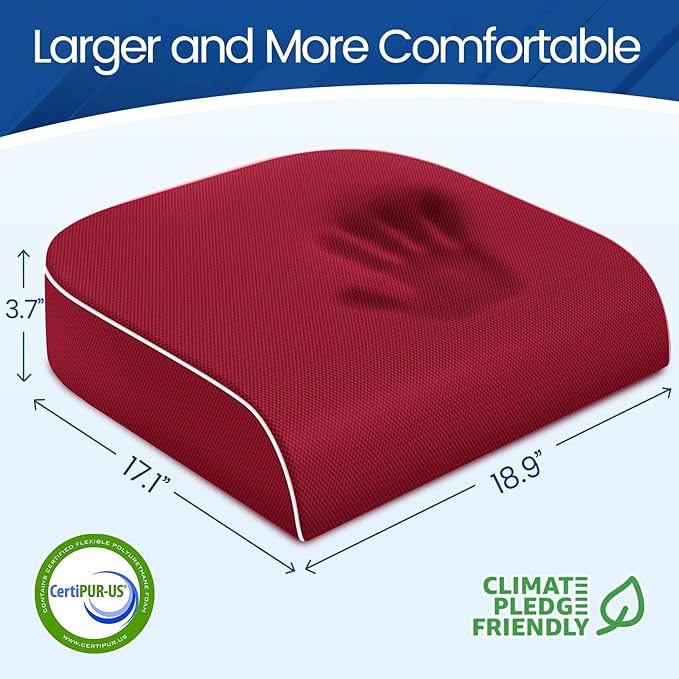 SweetSlubr Seat Cushion for Tailbone Pain Relief, Office Chair Cushion, Memory Foam Large Chair Cushion with Non-Slip Cover for Soft Support at Office Chair, Car Seat, Airplane Red/2X-Large