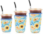 Reusable 3-Pack Iced Coffee Cup Sleeve, Insulated Neoprene, Beverage Holder for Iced Coffee, Durable Drink Sleeve for Cold Beverages, Sunflower Smile