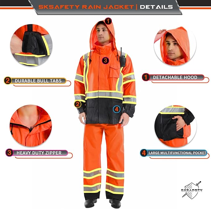 SKSAFETY Hi Vis Safety Rain Jacket for Men, Construction Work Rain Gear Heavy Duty Class 3 Rain Coat Waterproof Lightweight