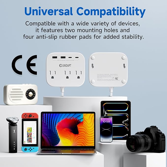 UK European Plug Adapter, Unidapt US to Europe Power Strip for EU/UK/US with Built in USB C Cord and 4 USB Ports, 3 AC Outlets, Wall Mountable, 5ft Extension Cord, for Travel Cruise Ship Home