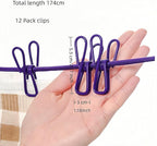 Portable Clothesline with 12 Clips - Extends 12ft, Heavy Duty Stainless Steel Hooks, Windproof for Travel/Camping/Indoor Use, Purple