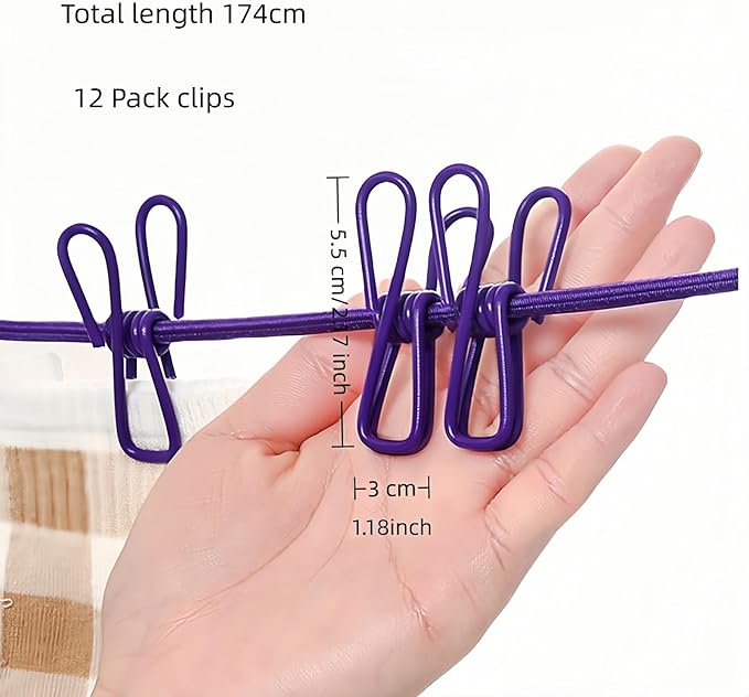 Portable Clothesline with 12 Clips - Extends 12ft, Heavy Duty Stainless Steel Hooks, Windproof for Travel/Camping/Indoor Use, Purple