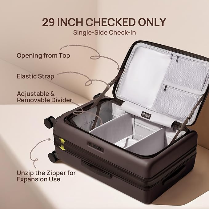 NINETYGO Large Checked Luggage 29 Inch, Flat Top Opening Check In Luggage with Brake Wheels, Expandable, Coffee-Infused PC Hard Shell, Eco-Friendly, TSA Lock, 360° Spinner Wheels (Americano)