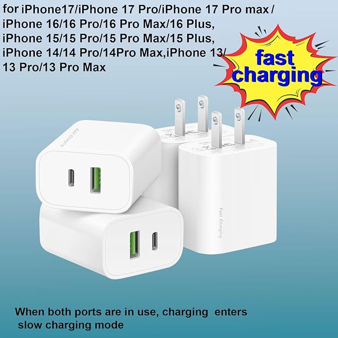 4 Pack USB C Charger Block,20W USB-C & USB-A Port Charger，for i Phone 17/16/15/14/13/12/11/X/8, i Pad and More