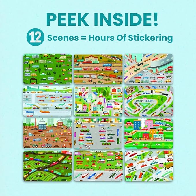 Cars, Trucks, Planes & Trains 500+ Kids Sticker Book by Cupkin Fun Toddler Travel Activity Coloring and Sticker Book, Road Trip Essentials, 12 Coloring Pages + Scenes for Ages 2–8 Years