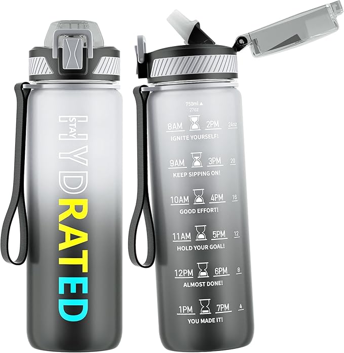 QLUR Water Bottle with Straw, 27oz Motivational Water Bottles with Time Marker to Drink, Tritan BPA Free, 750ml Sports Water Bottle with Carry Strap LeakProof for School Fitness Outdoor (1Pack)