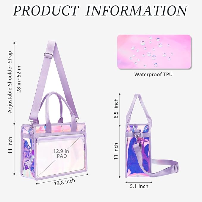 Fammart Iridescent Clear Beach Bag for Women, Jelly Tote Bag Waterproof Sandproof Pool Bag Cruise Vacation Essentials