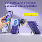 Magnetic Portable Charger Built-in Cables,10000mAh Fast Charging Wireless Charger Station External Battery Pack Slim Pocket Size Power Bank with Stand Compatible with iWatch, iPhone