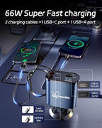 DreamBee Retractable Car Charger,66W 4 in 1 Super Fast Charge Car Phone Charger,Gifts for Men Women Car Truck Accessories for iPhone 17/16/15/14/13/12 Pro Max XR,iPad,Samsung,Pixel-Blue