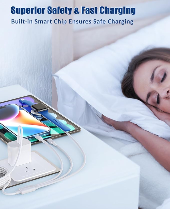 for Apple Watch Charger Fast Charging,3 in 1 Multi Chargers Cable with 20W USB C Charger, iWatch Charger Cord 6.6FT for iWatch Series Ultra2/SE/10/9/8/7/6/5/4/3/iPhone 15 16 Pro Max/14/13(White)