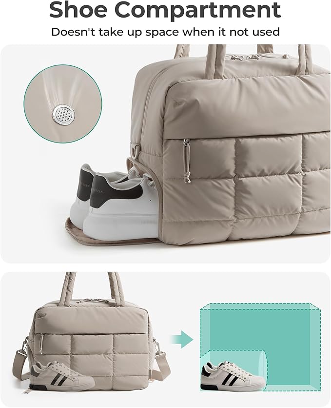 BAGSMART Gym Bag for Women, Carry on Travel Duffel Bag, Water-resistant Weekender with Shoe Compartment for Gym Travel Work, Khaki, Large